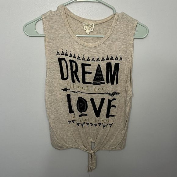 Dirtee Laundry Sleeveless Tank Top Dream Love Inspire Beige Tan Tie Front Small - Picture 1 of 8